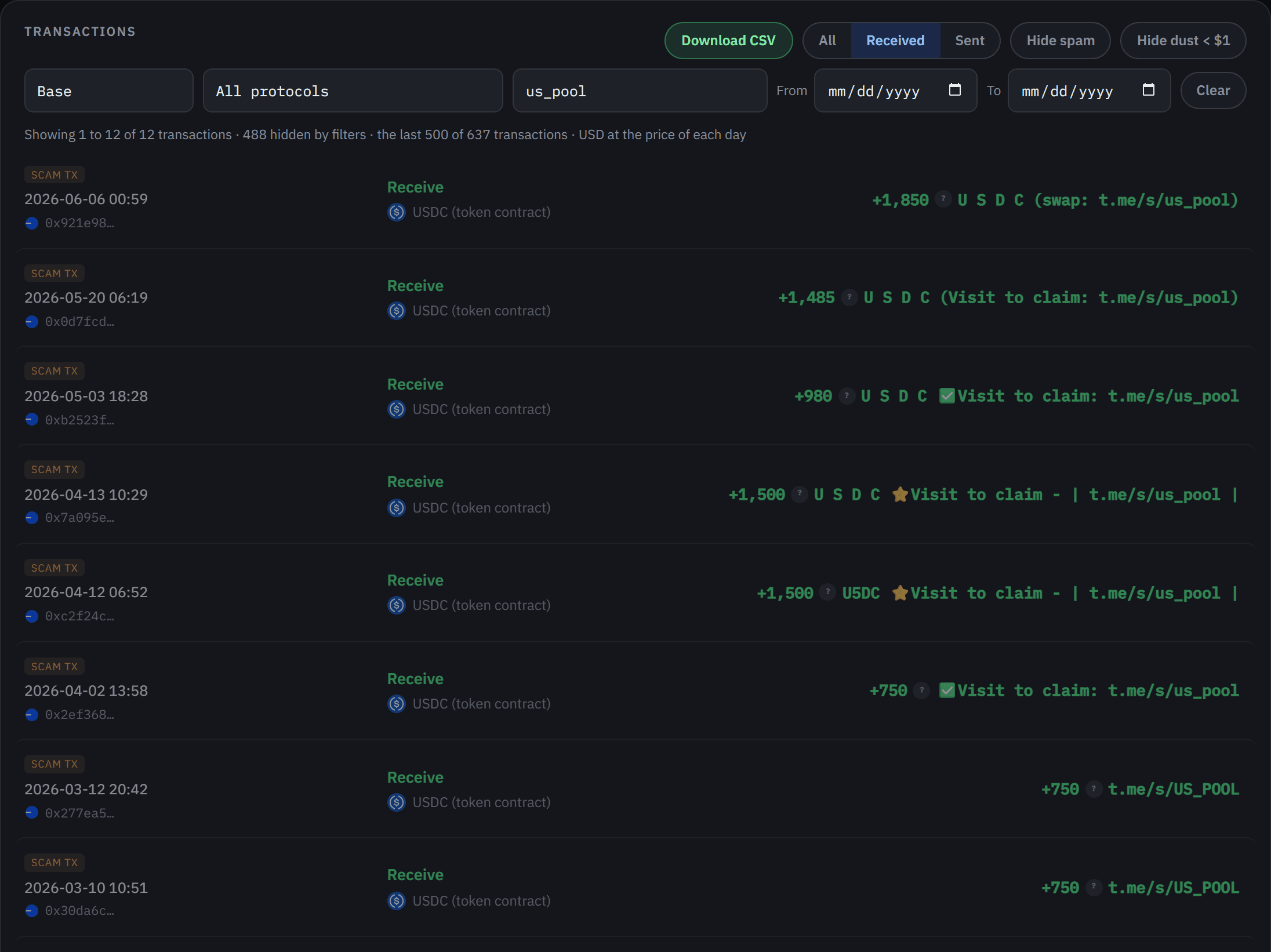 The WalletHistory feed for the sample wallet on Base, received only and spam shown: fake USDC airdrops with Telegram links in their names, each flagged as spam