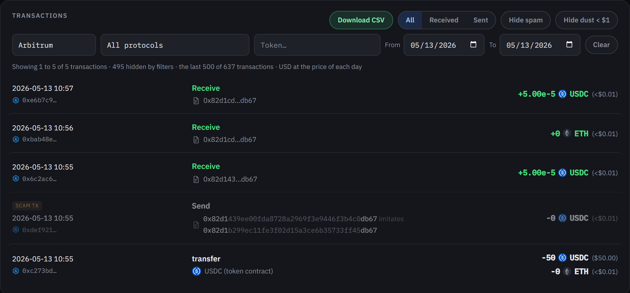 The WalletHistory feed for 13 May 2026 on Arbitrum, with spam shown: the real 50 USDC payment, and eight seconds later a 0 USDC transfer to a lookalike address, flagged as a scam