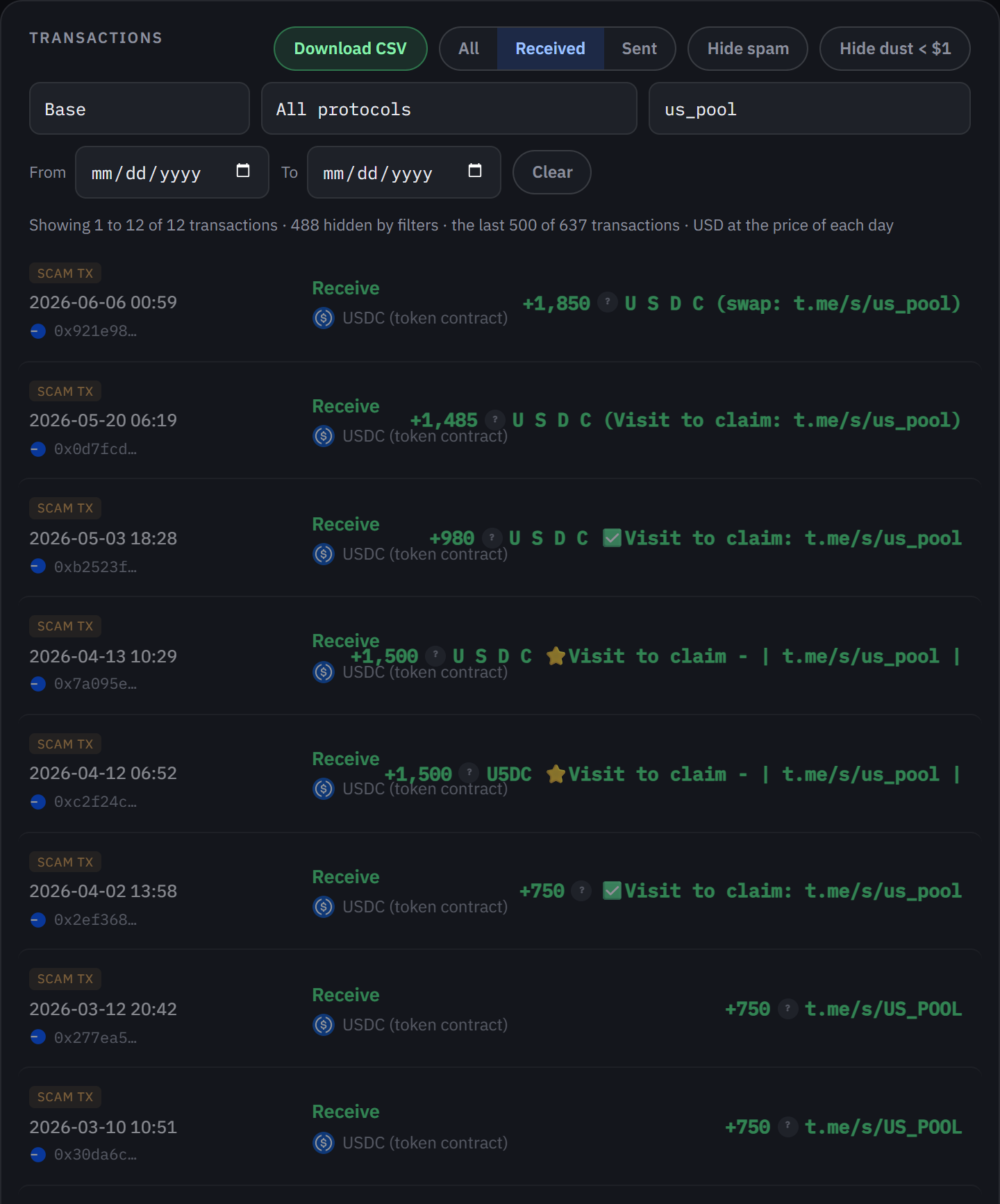 La wallet de ejemplo en WalletHistory en Base, solo lo recibido y con el spam visible: airdrops de USDC falso con enlaces de Telegram en el nombre, todos marcados como spam